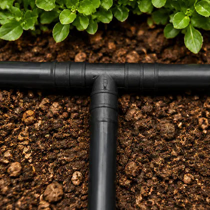 Tê para Irrigação 16 mm instalado em um sistema de irrigação